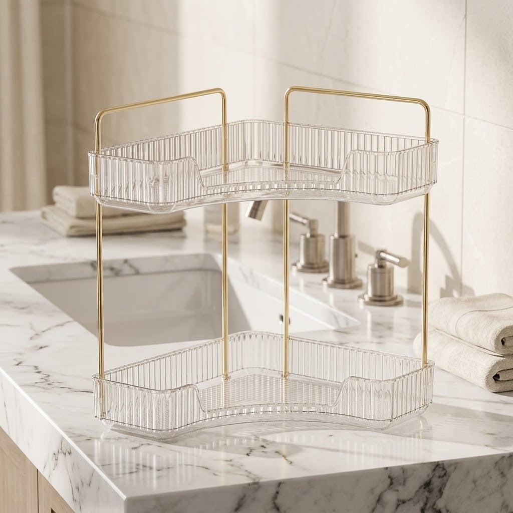 2-Tier Corner Vanity Organizer, Clear Tray, Fits 90-Degree Corners