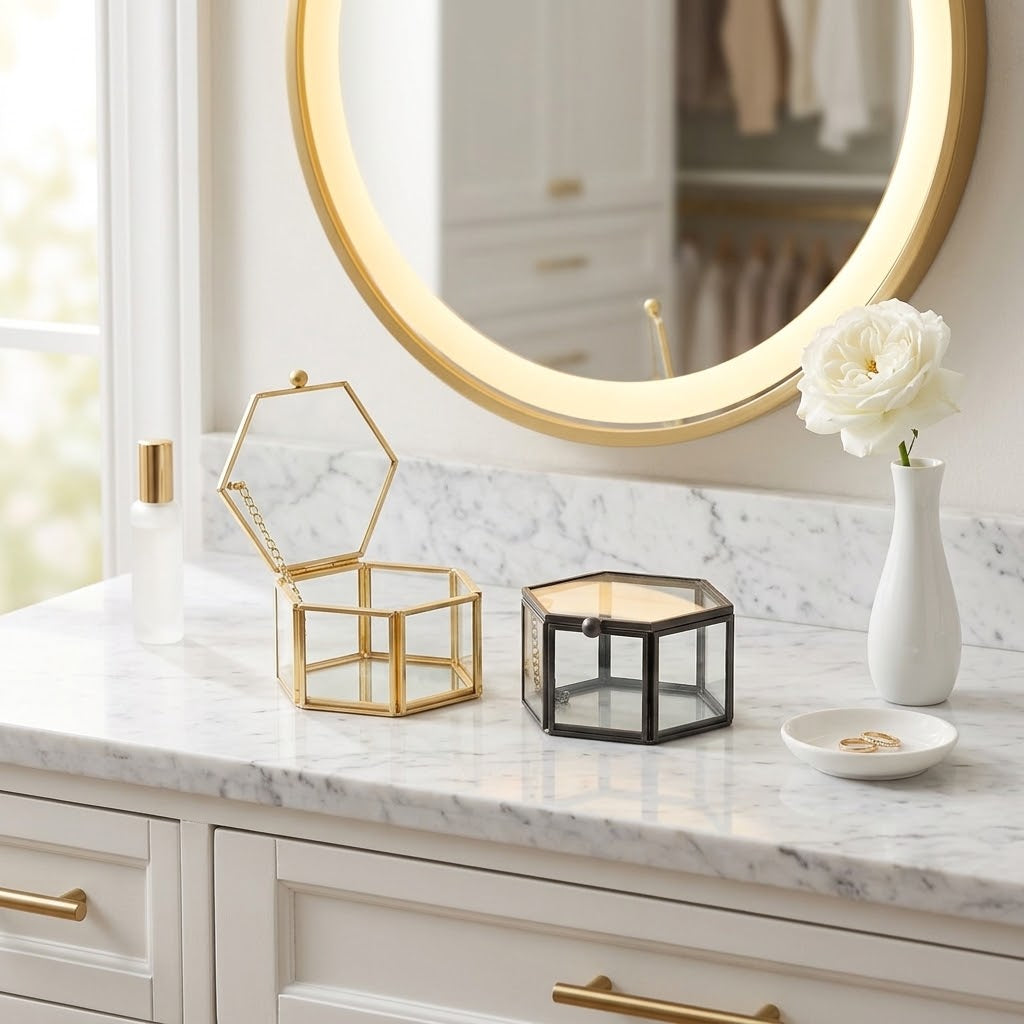 Hexagonal Clear Crystal Jewelry Box with Gold Trim, 8 x 7 cm