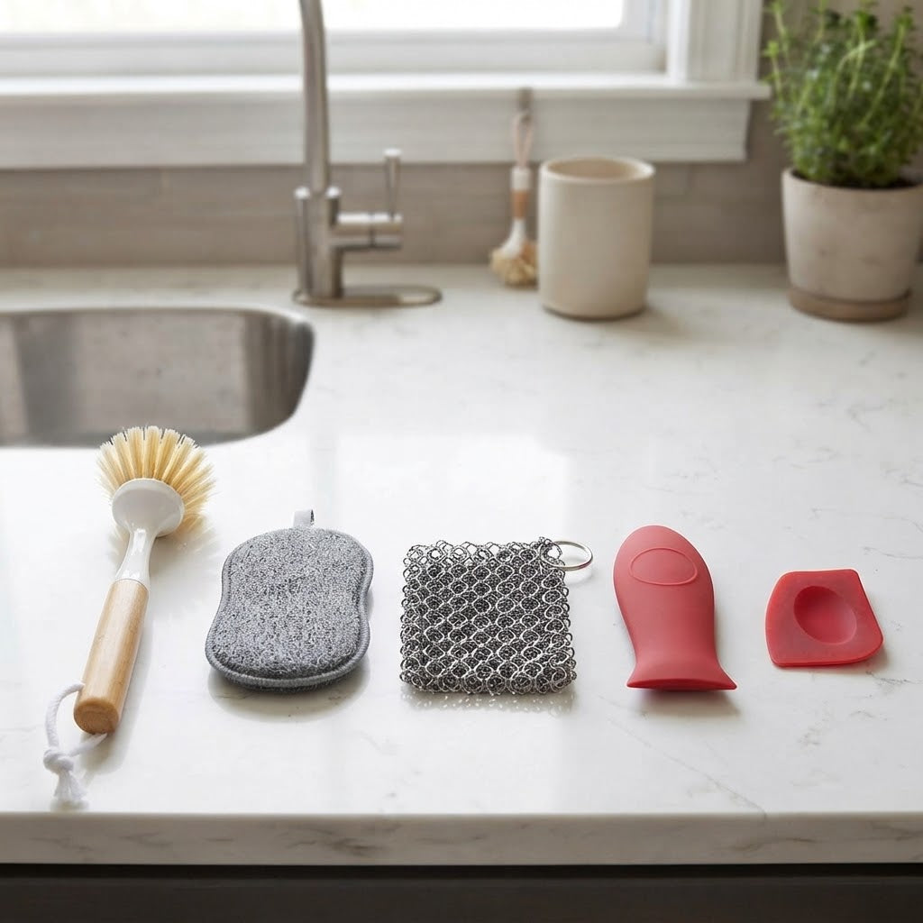 Cast Iron Cleaning Kit with Chainmail Scrubber and Handle Holder