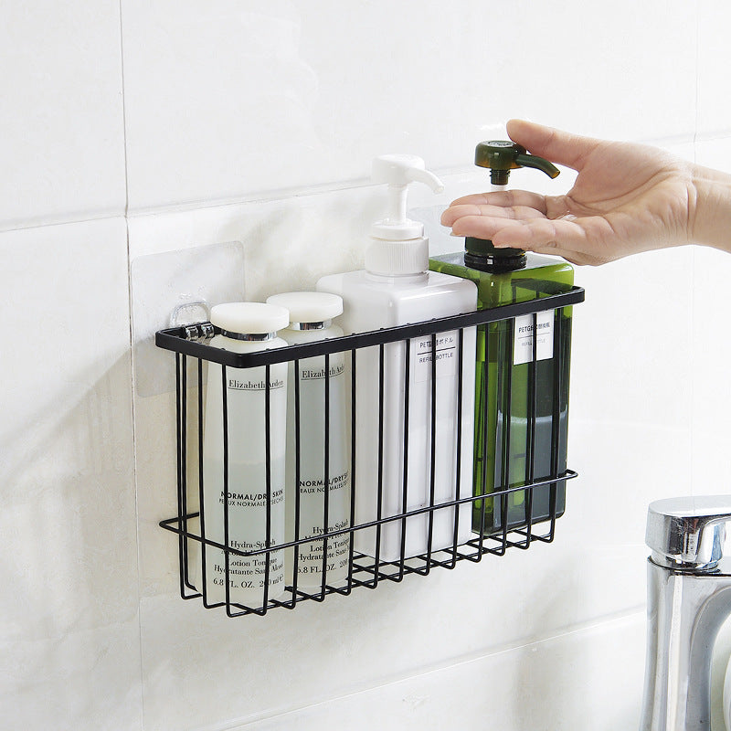 No-Drill Iron Wall Basket Rack with 2 Hooks, Black or White