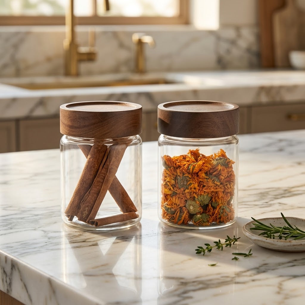 Small Borosilicate Glass Jars with Screw Wood Lids, 10 oz, 2-Pack