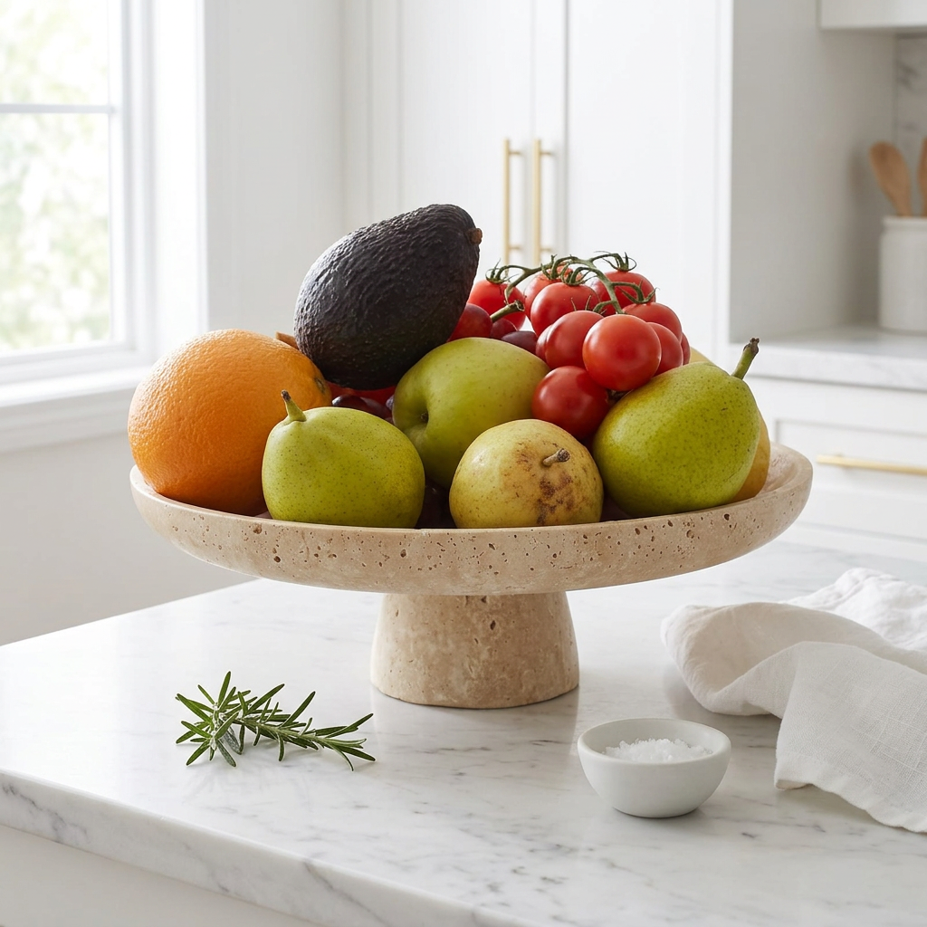 Beige Travertine Pedestal Fruit Bowl, 10.24 in