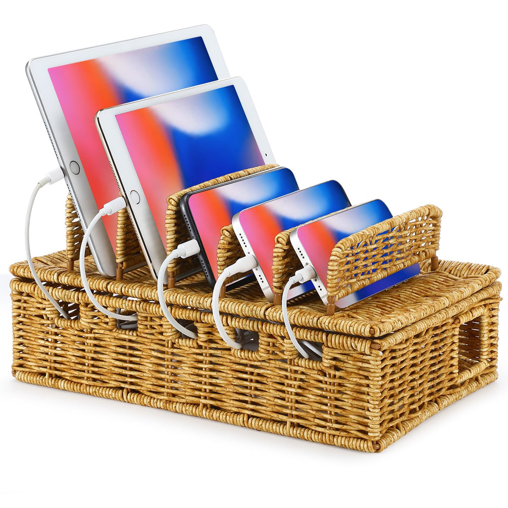 Rattan-Look Charging Station Box with 6 Removable Dividers, 12.5 in