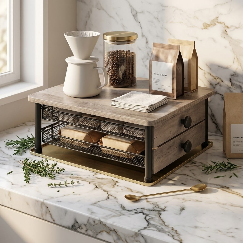 2-Tier Coffee Pod Drawer Stand, Holds 70 Pods, Greige and Black