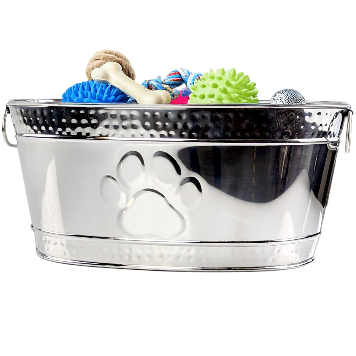 Hammered Stainless Steel Dog Toy Bin with Handles, Paw Print, 15 qt