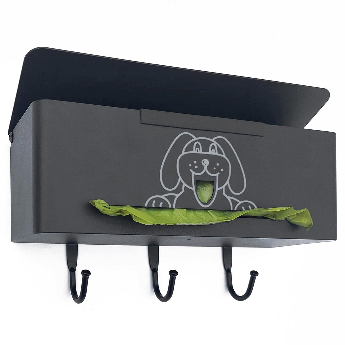 Wall-Mount Metal Dog Poop Bag Dispenser with Hooks, Black