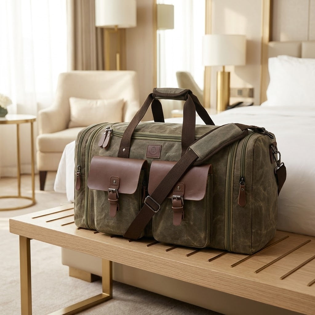 Expandable Waxed Canvas and Leather Duffel, 50 to 60L, Vintage Grey