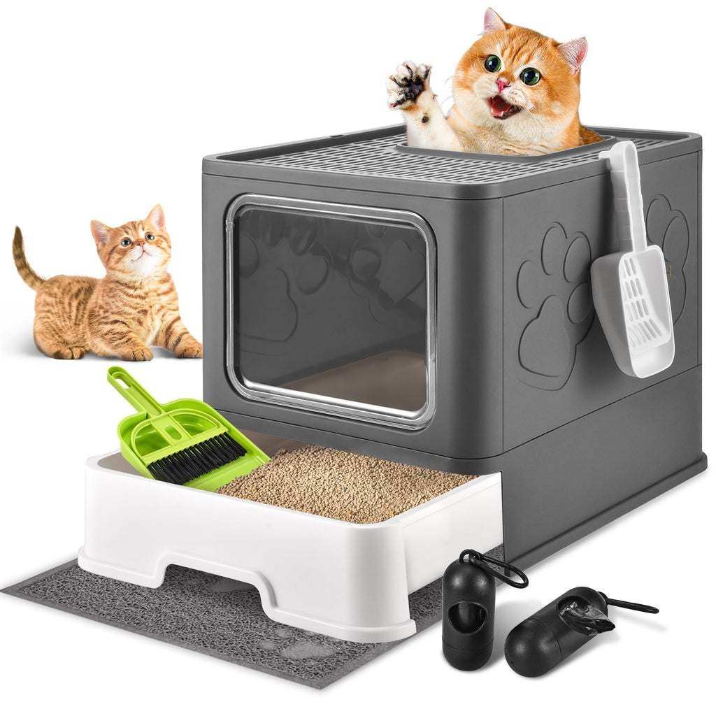 Large Foldable Covered Cat Litter Box with Mat and Scoop, Dark Grey