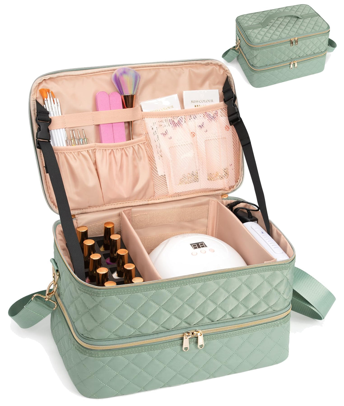 Double Layer Nail Polish Organizer Case, Holds 50+ Bottles, Green