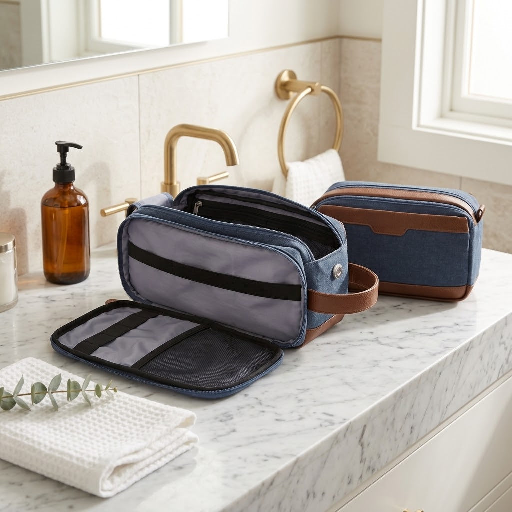 Men's Canvas Toiletry Bag with Wide Opening, Navy Blue