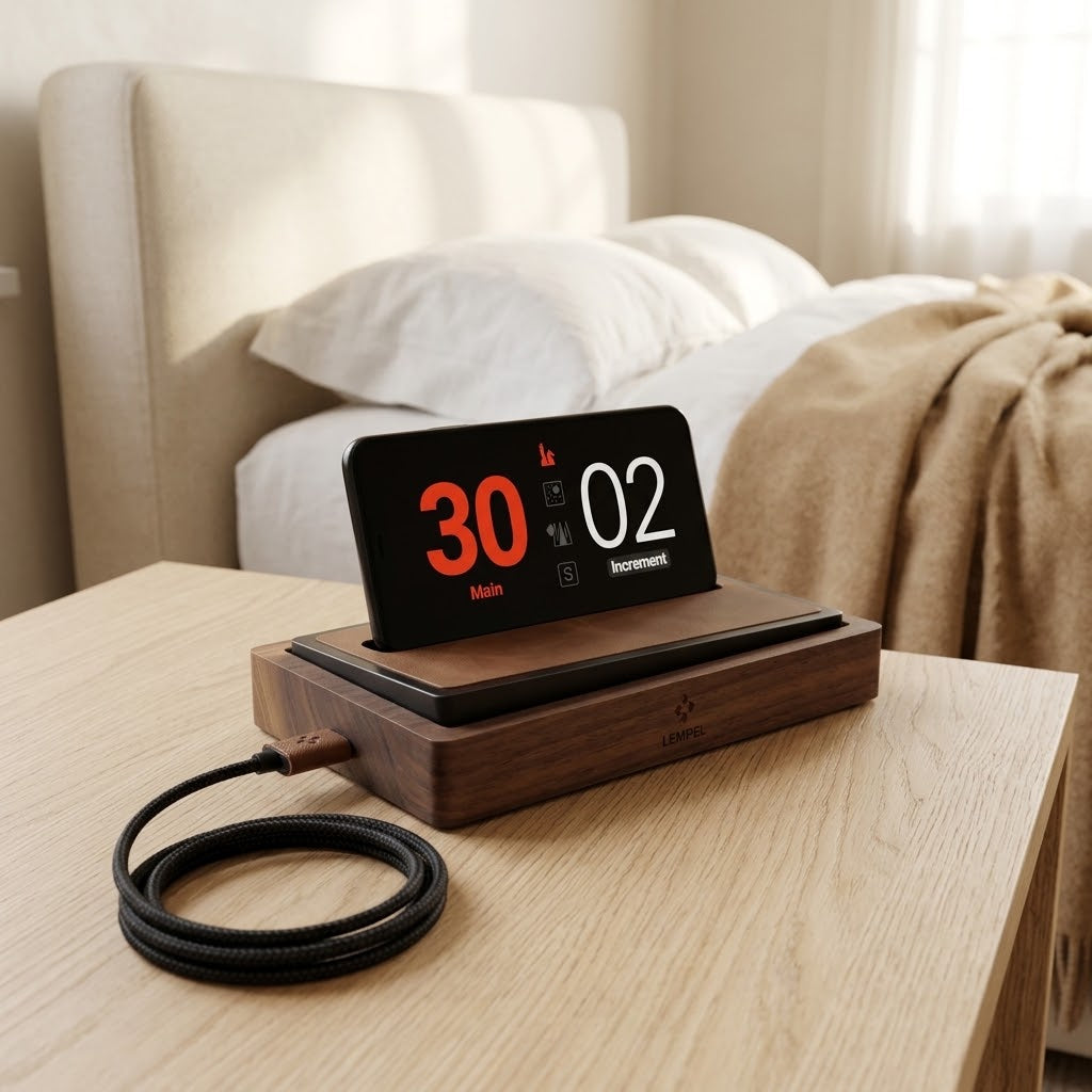 Walnut and Leather Chess Clock Phone Dock with Game Timer App