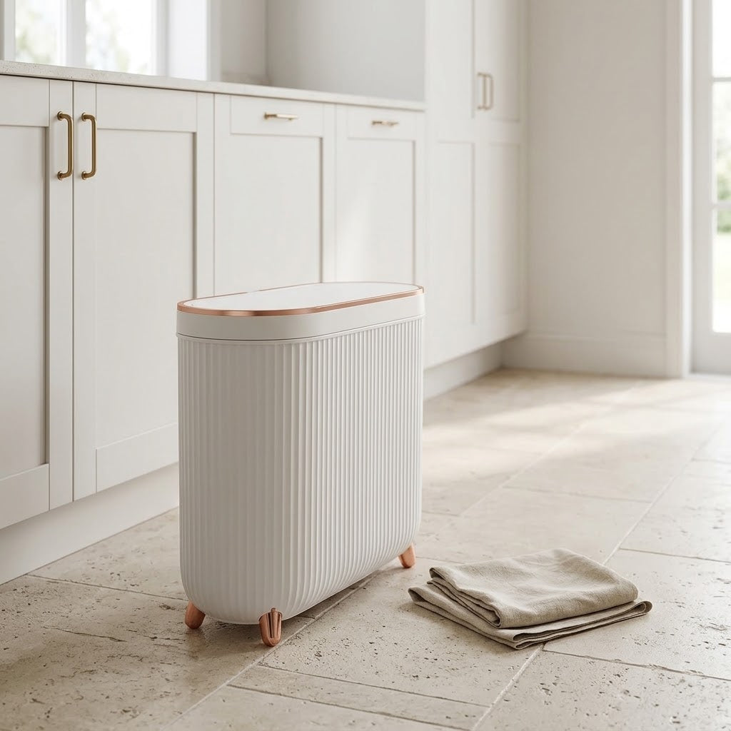 Narrow Bathroom Trash Can with Press-Top Lid, 3.2 Gallon, Milk White