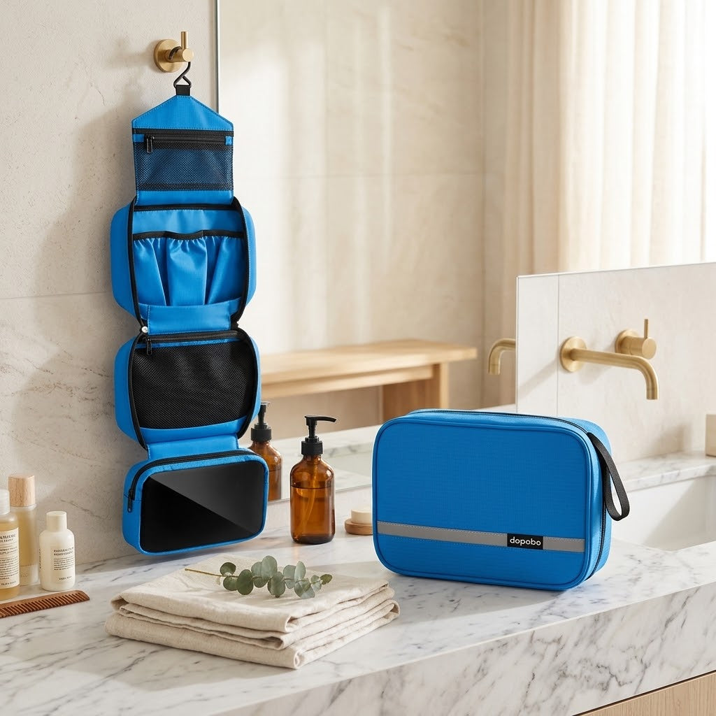 Waterproof Oxford Toiletry Bag with Hanging Hook, Blue