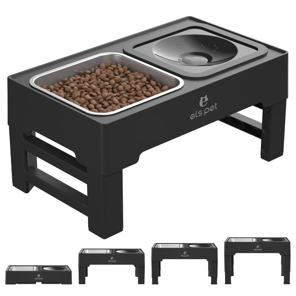 Adjustable Elevated Dog Bowl Stand with No-Spill Water Bowl, Silver