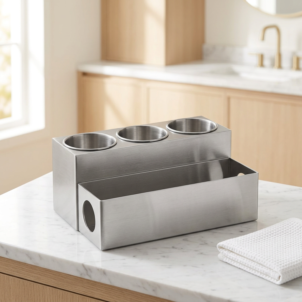 Stainless Steel Hair Tool Organizer with 3 Cups and Tray, Silver