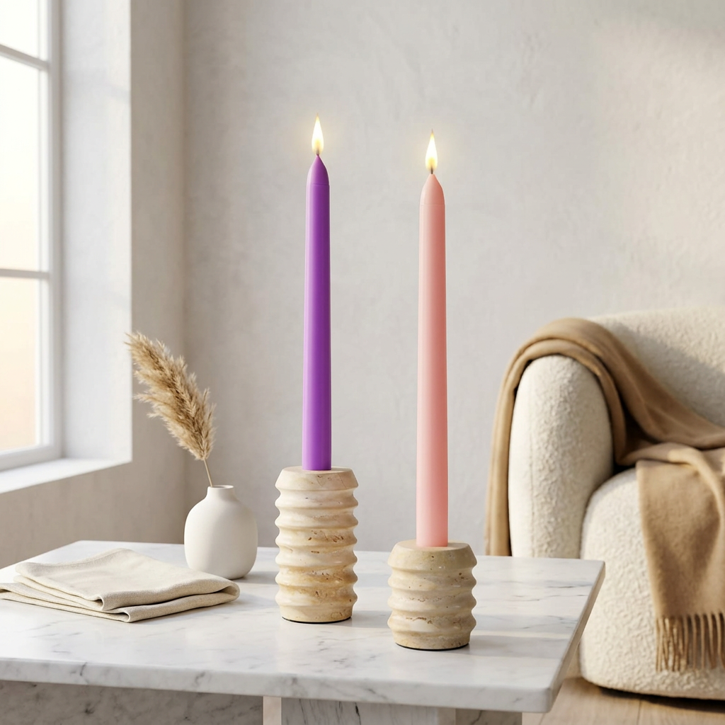 Natural Travertine Candle Holders with Rose Wreaths, Set of 2