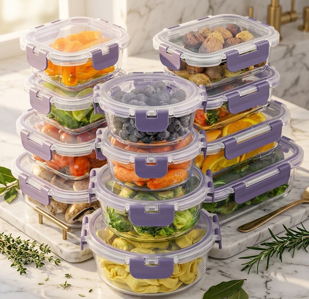Glass Food Storage Containers with Hinged Lids, 24-Piece Set