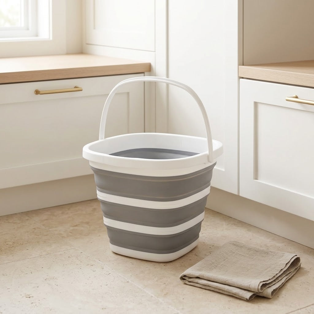 Square Collapsible Bucket, Folds to 2 in, 10 L (2.6 gal), Gray