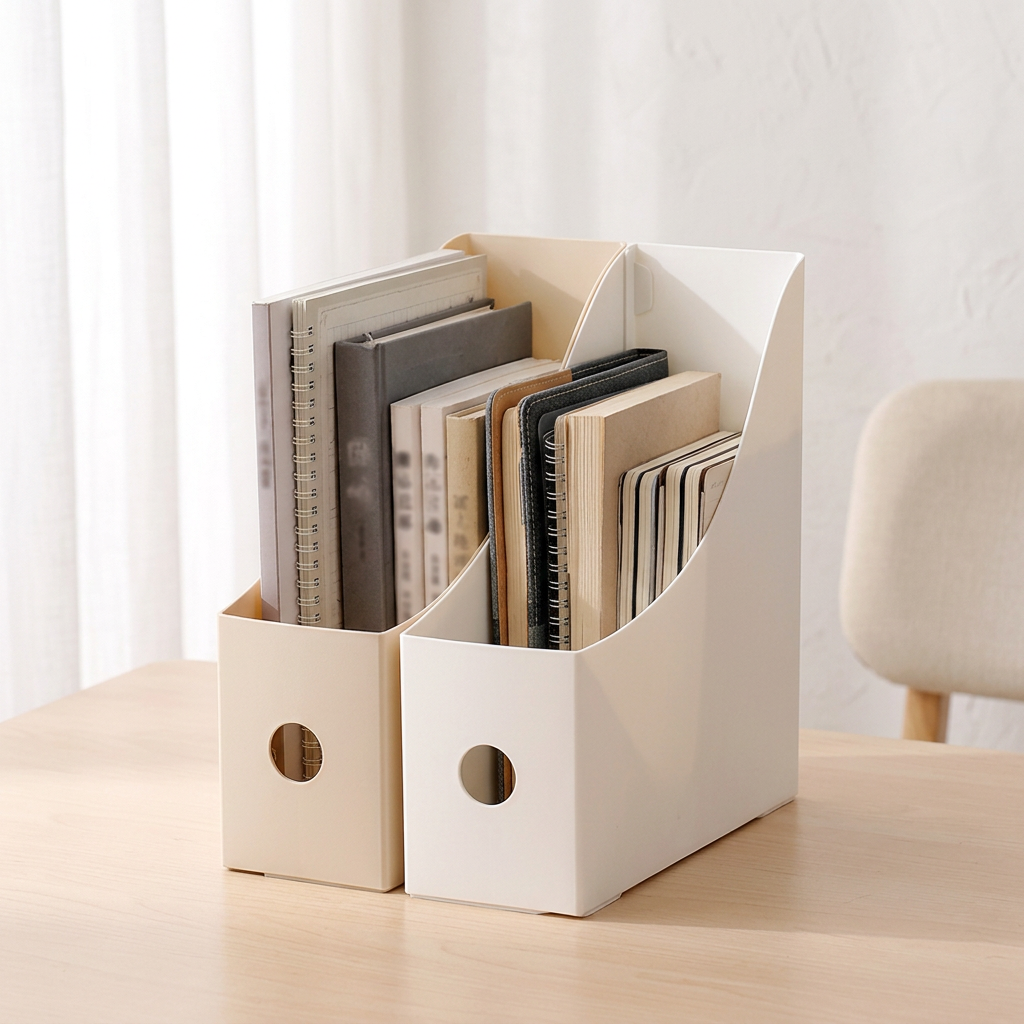 Desktop File Rack and Bookend Storage Box, PP, Black/White/Beige