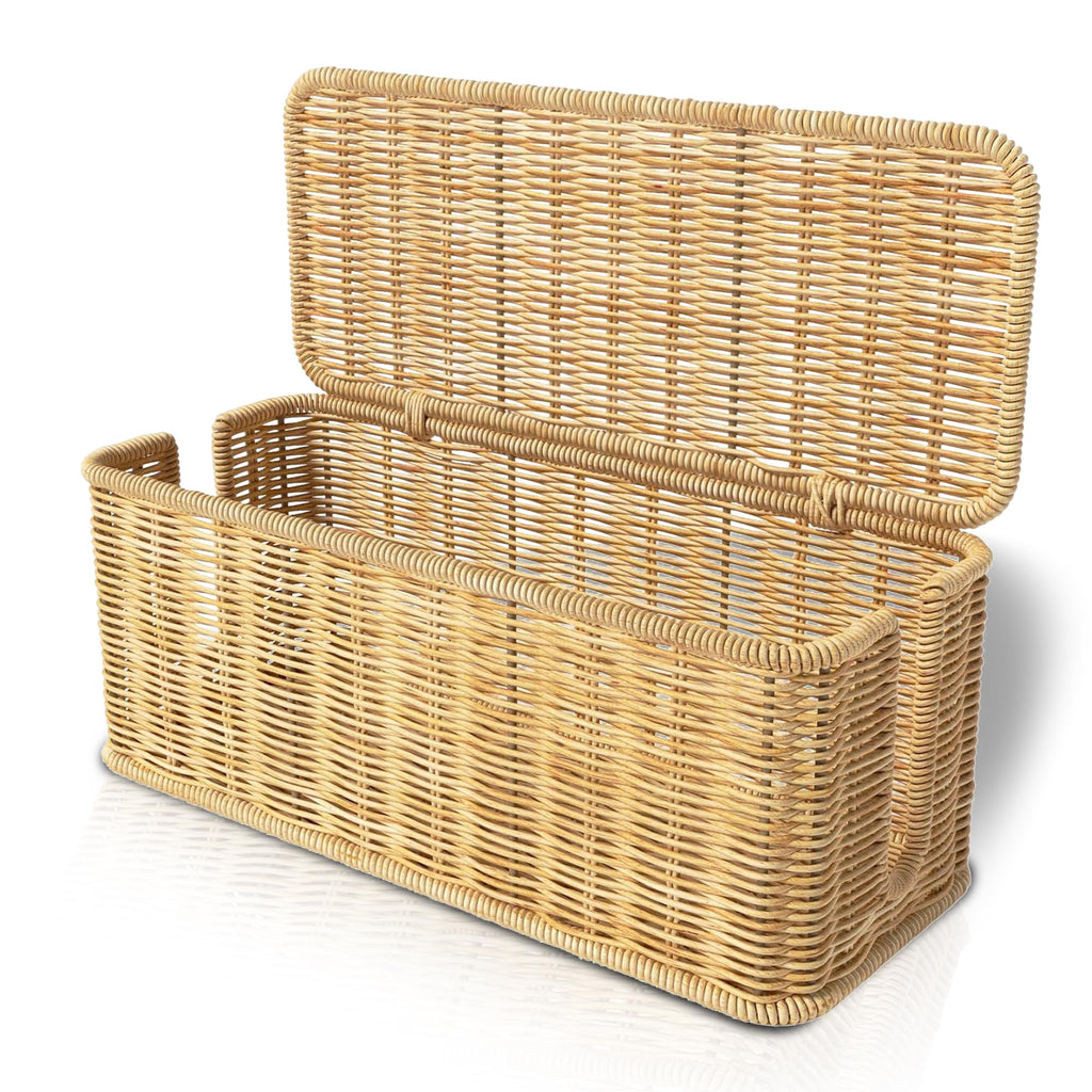 Handwoven Rattan-Look Cable Management Box with 180° Lid