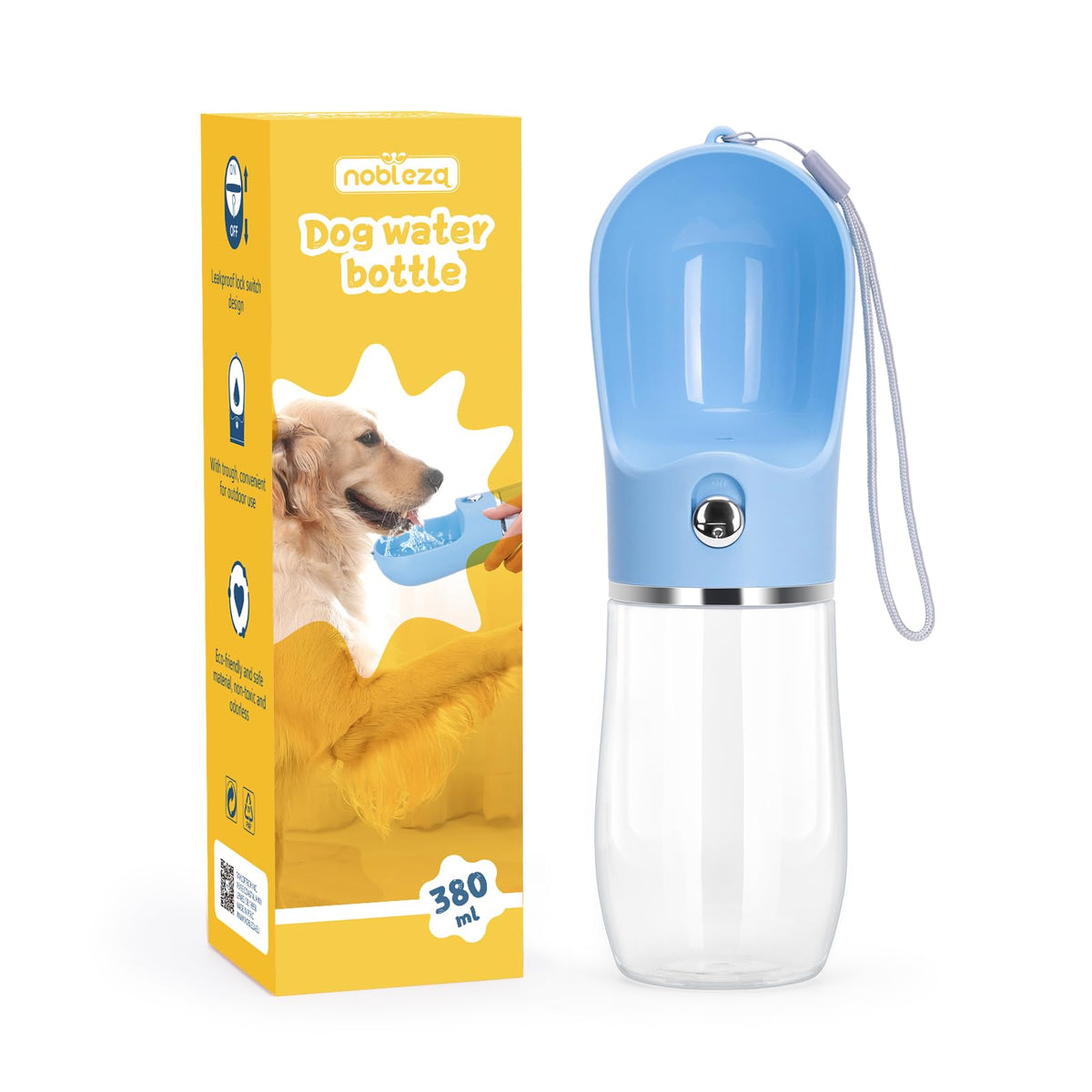 One-Hand Dog Water Bottle with Lock and Trough, 12.8 oz, Blue