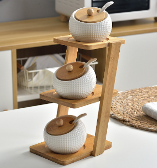 White Ceramic Seasoning Jar Set with Bamboo Base