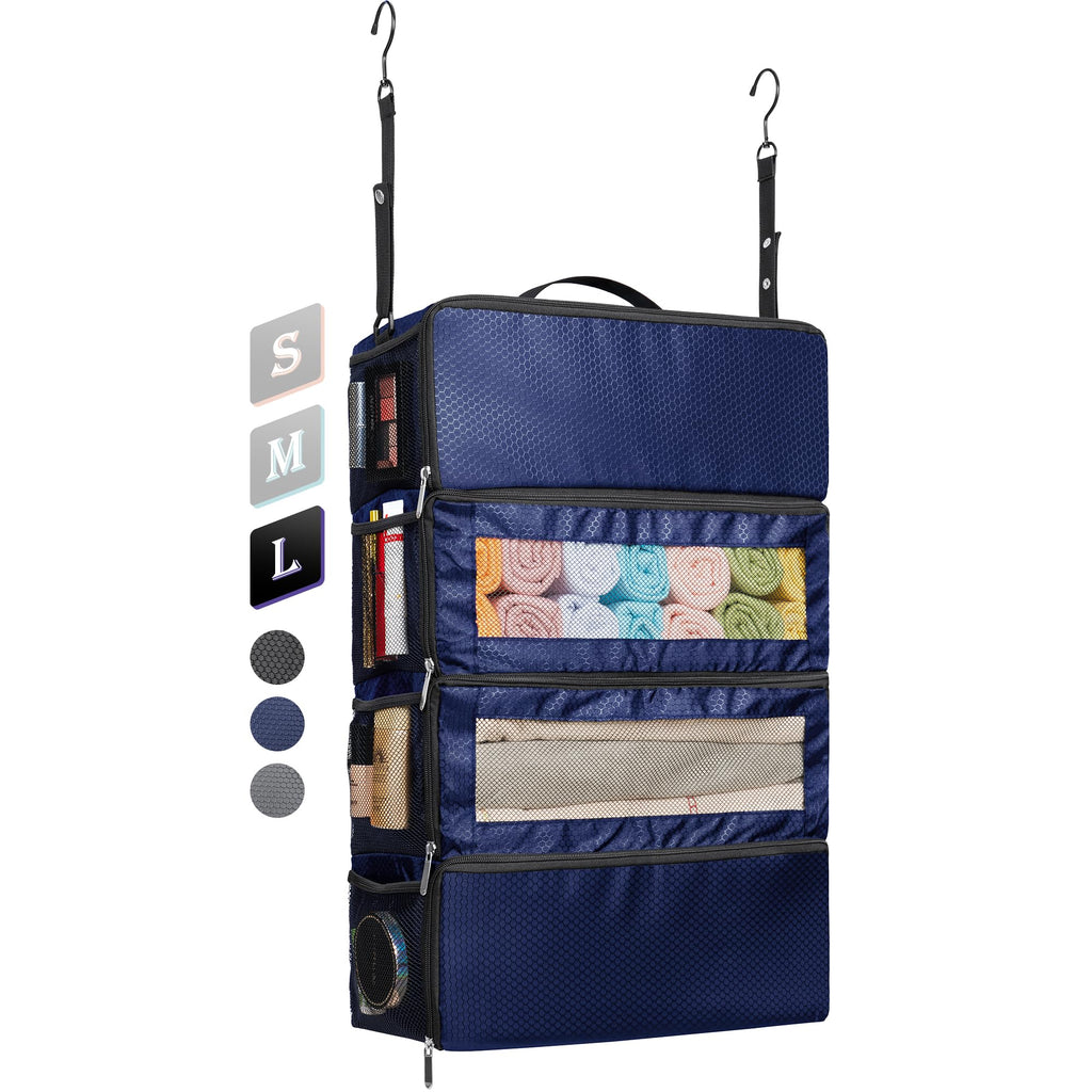 Hanging Suitcase Organizer with Collapsible Shelves, Large, Blue