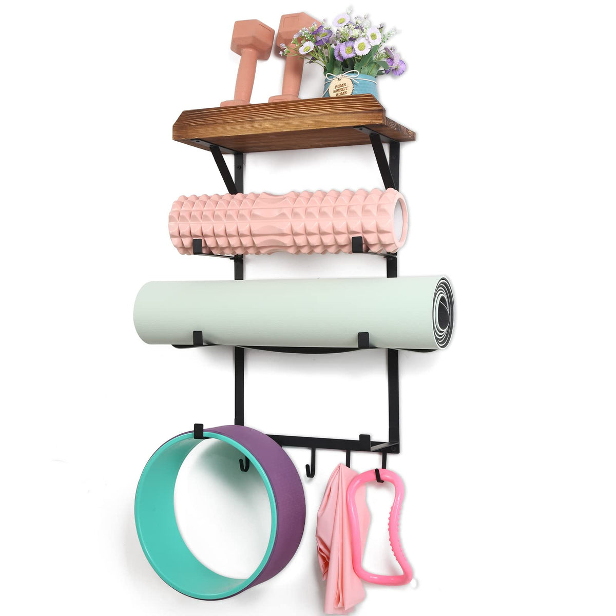 Wall Yoga Mat Rack with Wood Floating Shelves and 5 Hooks, 17 x 28 in
