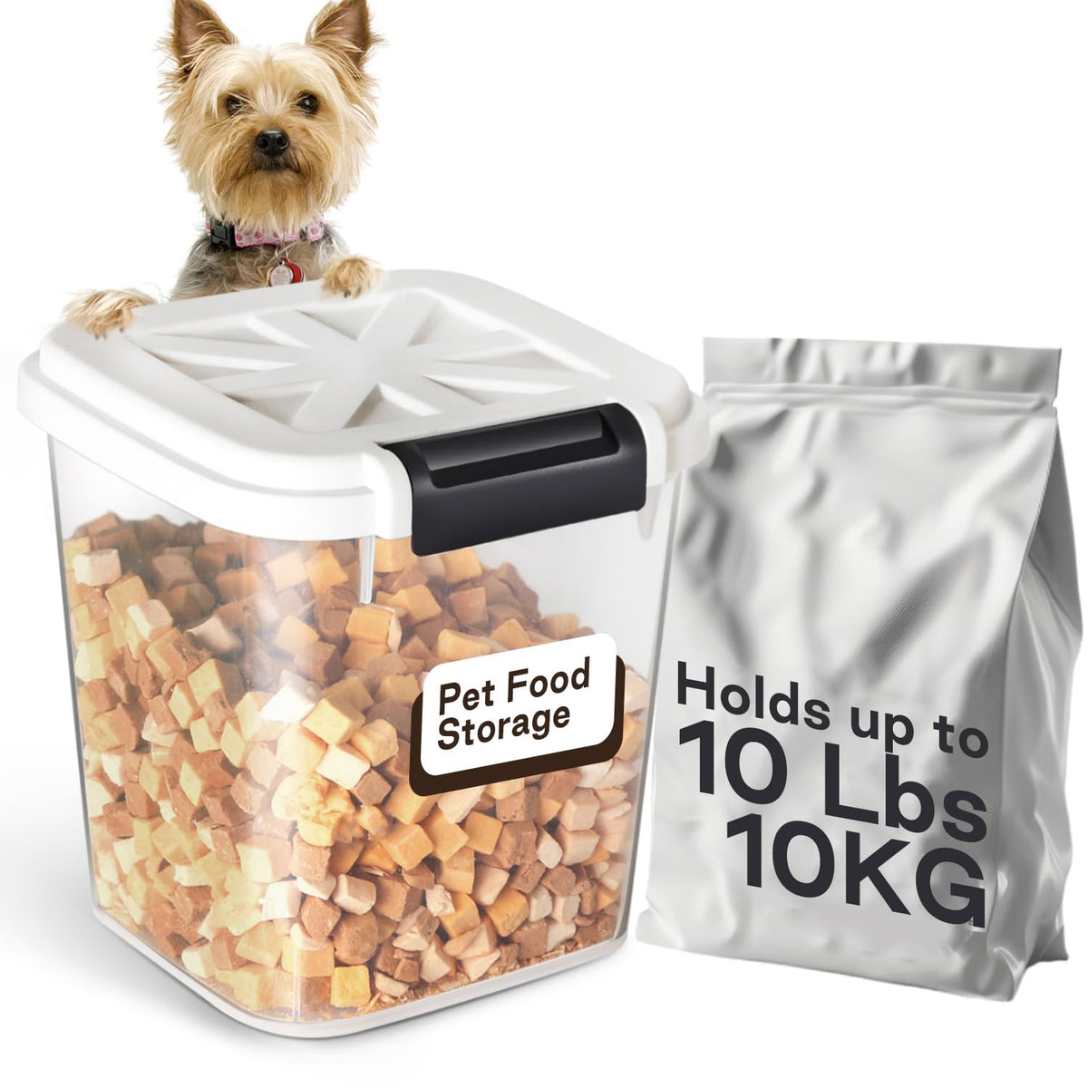 Airtight Pet Food Storage Bin with Measuring Cup, 10 lb, White