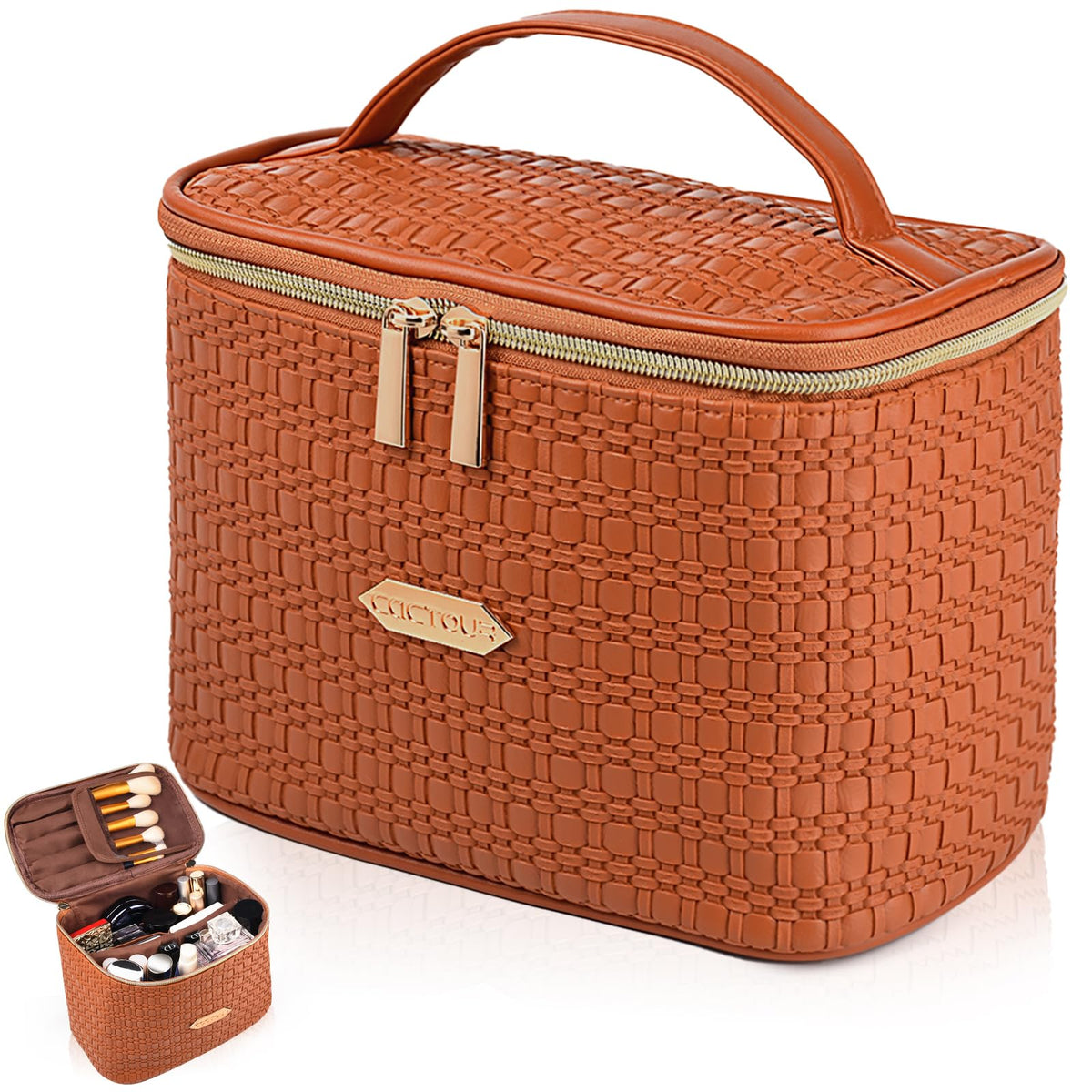 Large Makeup Organizer Bag with Brush Slots, Brown
