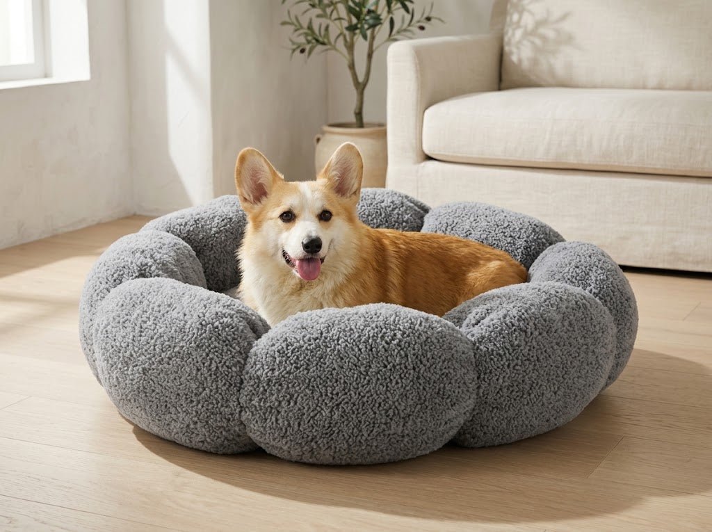 Flower Donut Dog Bed with Plush Sherpa, Up to 100 lb, 36 in, Grey