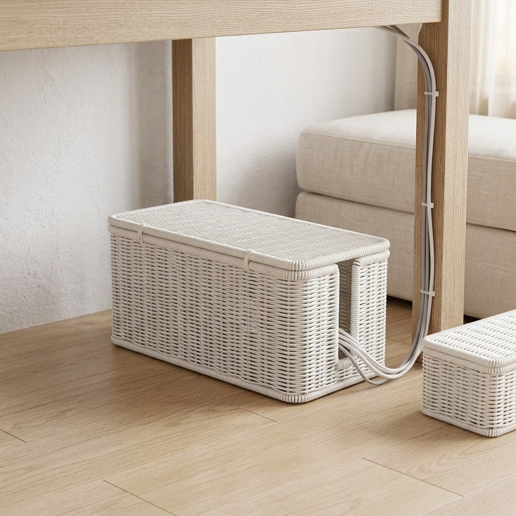 Handwoven Rattan-Look Cable Box with Lid and 2 Slots, 13.7 in, White