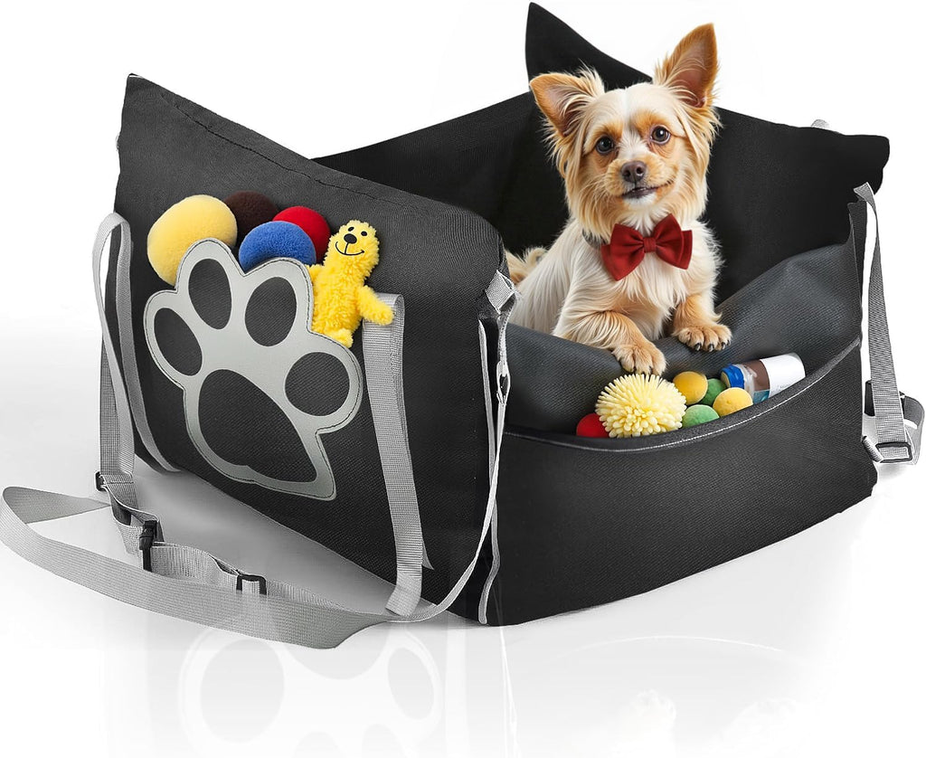 Dog Car Seat Bed with Raised Sides and Safety Straps, Medium, Black