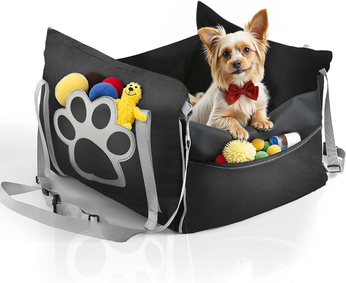 Dog Car Seat Bed with Raised Sides and Safety Straps, Medium, Black