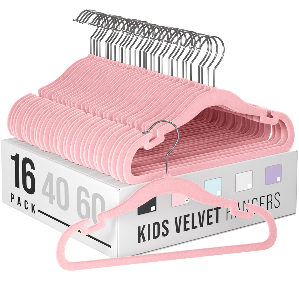 Ultra-Thin Velvet Baby Hangers with Accessory Hooks, 16 Pack, Pink