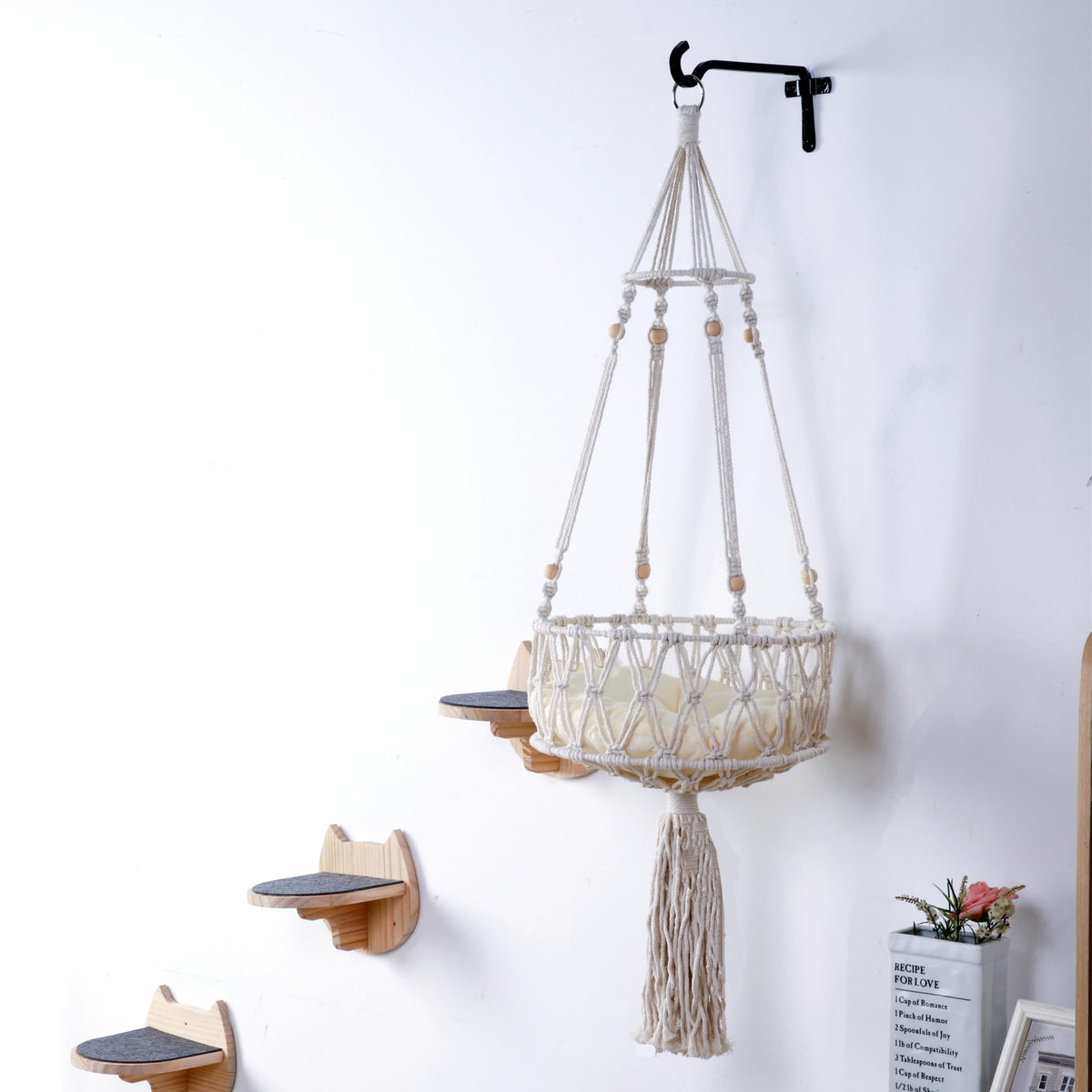 Macrame Wall-Mounted Cat Hammock with 3 Steps and Hook, 14 in