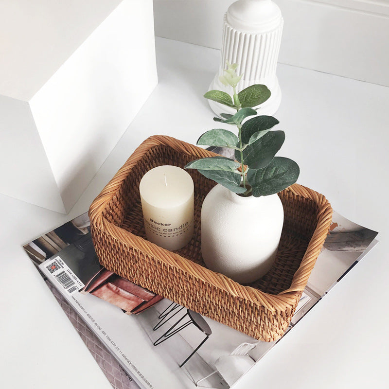 Hand-Woven Rectangular Rattan Basket Tray, 30 x 20 cm