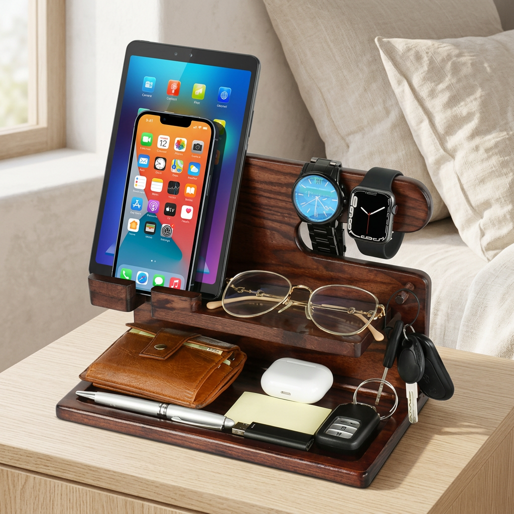 Wood Phone Docking Station and Nightstand Organizer, Brown
