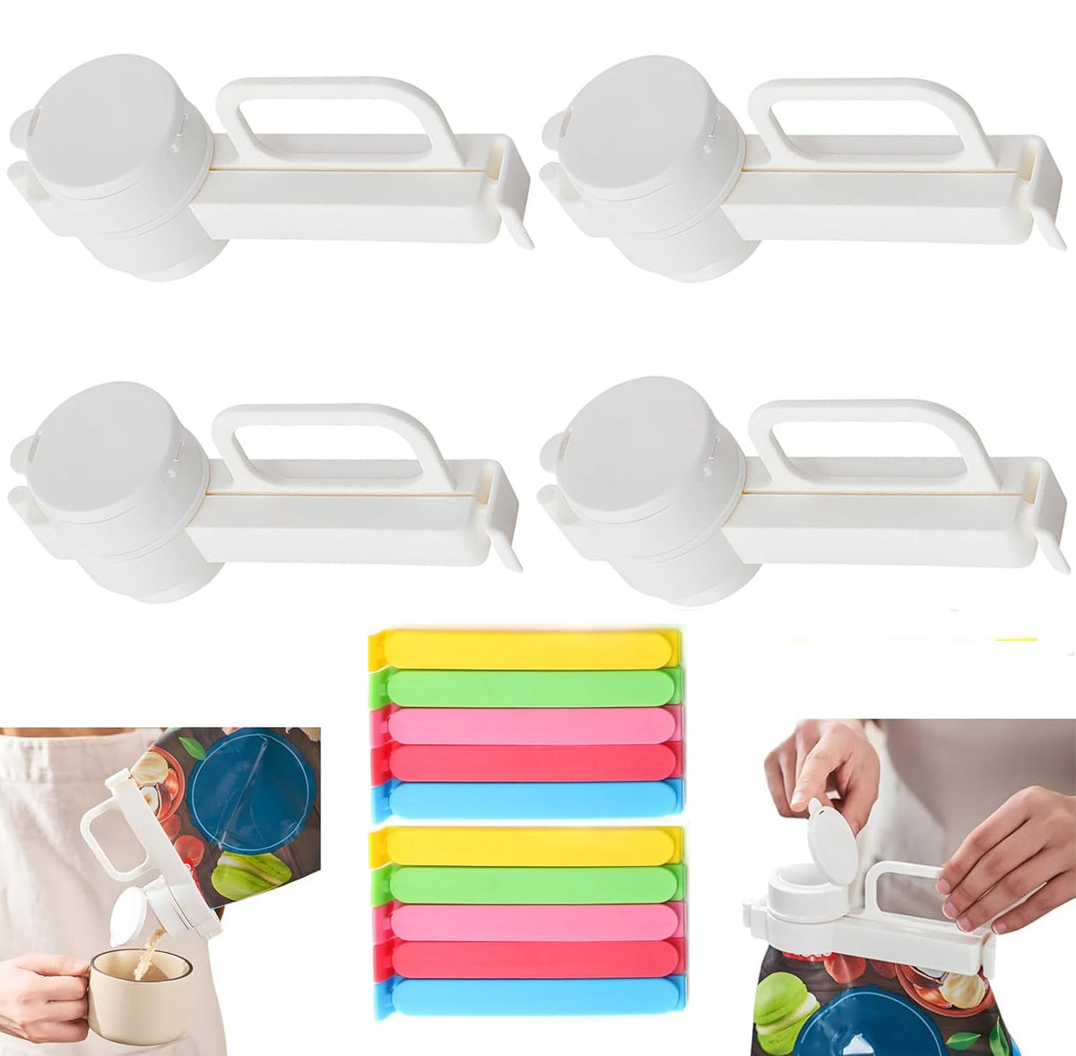 Bag Clips with Pour Spout and Seal Cover, 4 Spout Clips Plus 10 Clips