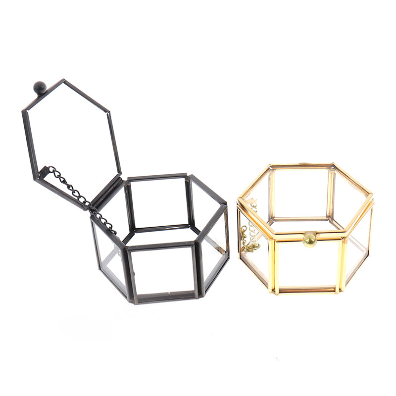 Hexagonal Clear Crystal Jewelry Box with Gold Trim, 8 x 7 cm