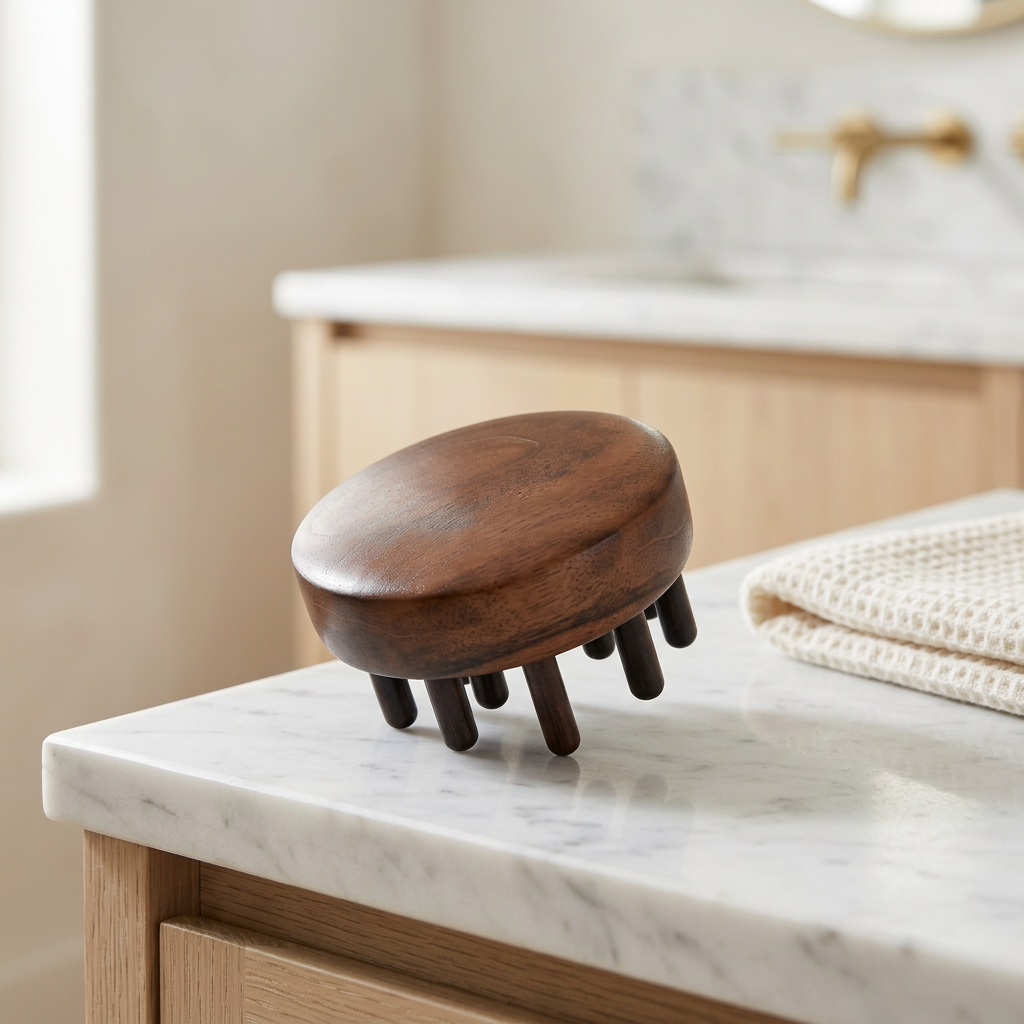 Circular Wooden Scalp Massager Comb with 18 Teeth and Pouch