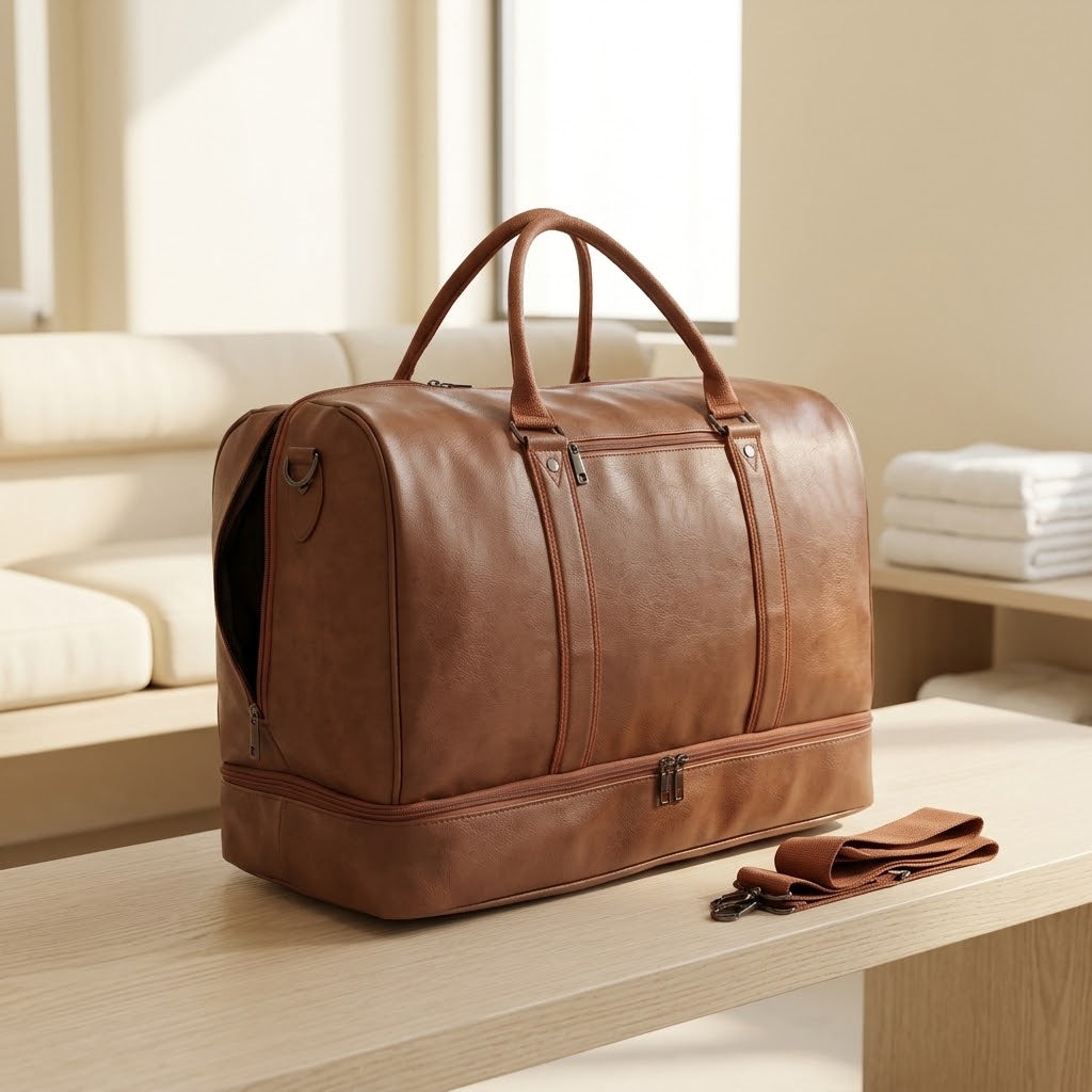 Oversized PU Leather Weekender Duffel with Shoe Pouch, Brown