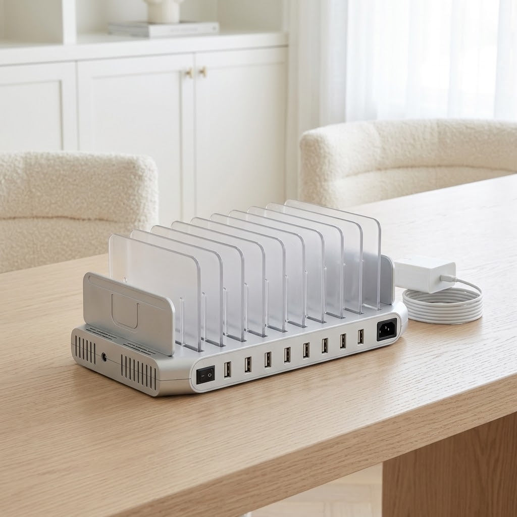 10-Port USB Charging Station with Adjustable Dividers, 96W, White