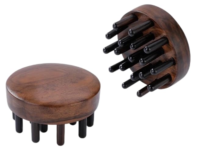 Circular Wooden Scalp Massager Comb with 18 Teeth and Pouch