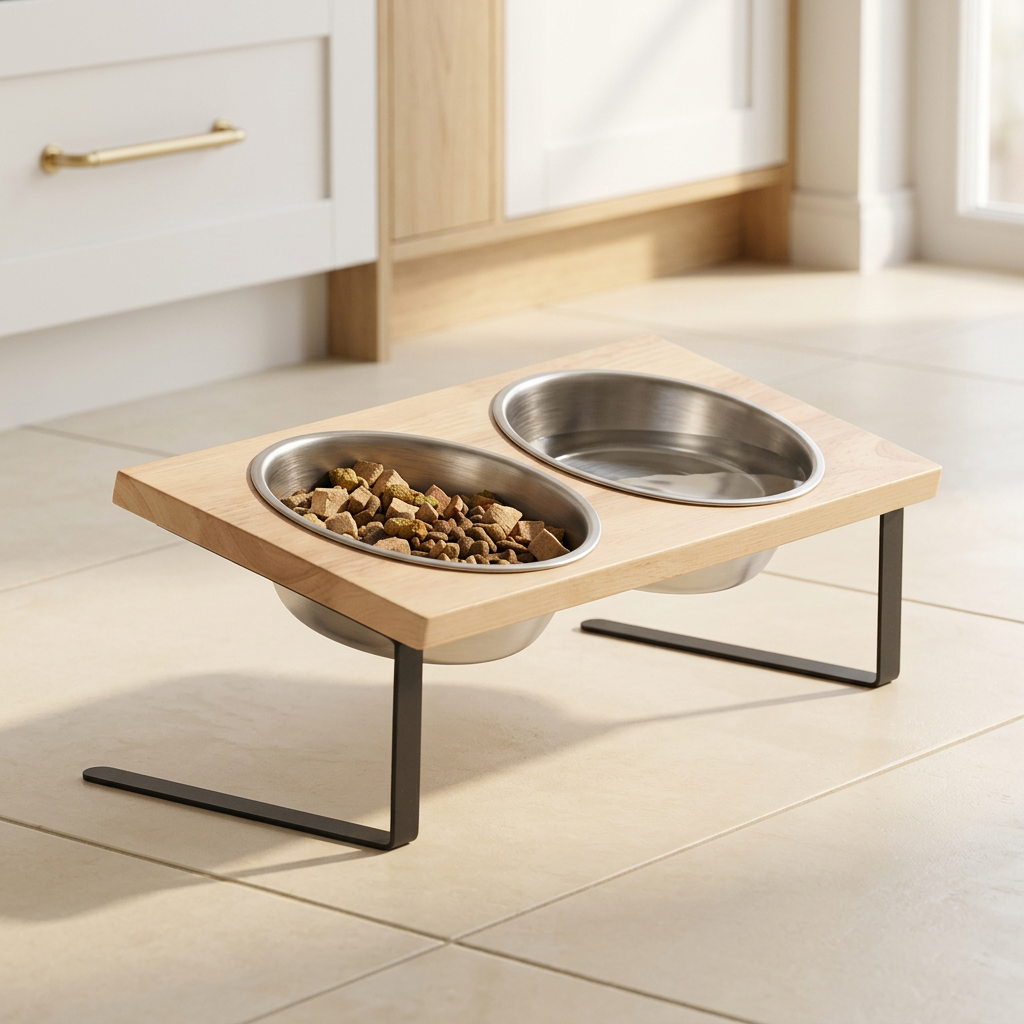 Tilted Raised Cat Bowl Stand with Stainless Steel Bowls, 15 Degree