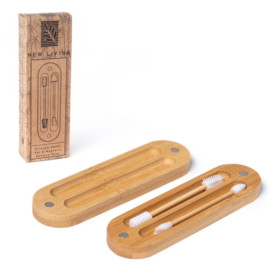 Reusable Silicone Makeup Swabs with Magnetic Bamboo Case, Set of 2
