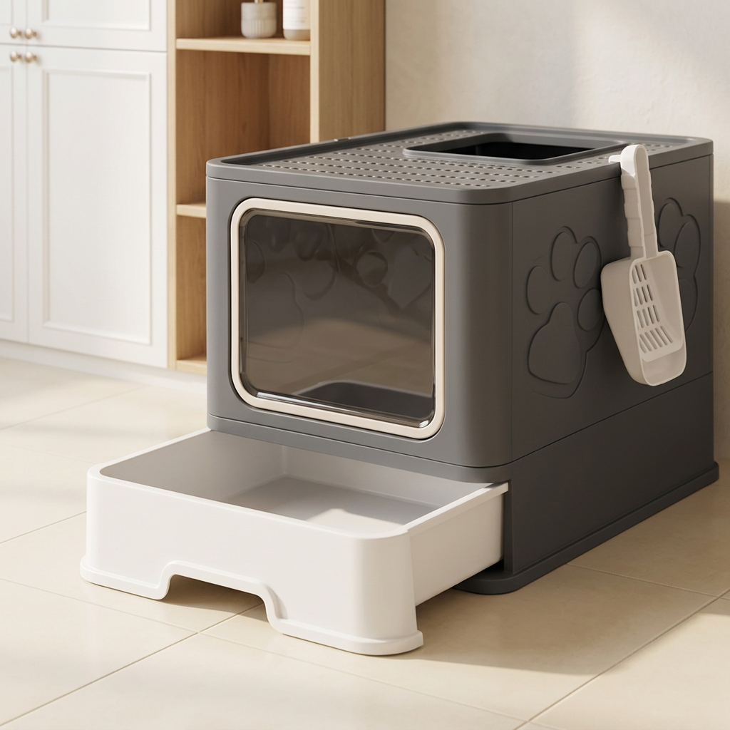Large Foldable Covered Cat Litter Box with Mat and Scoop, Dark Grey