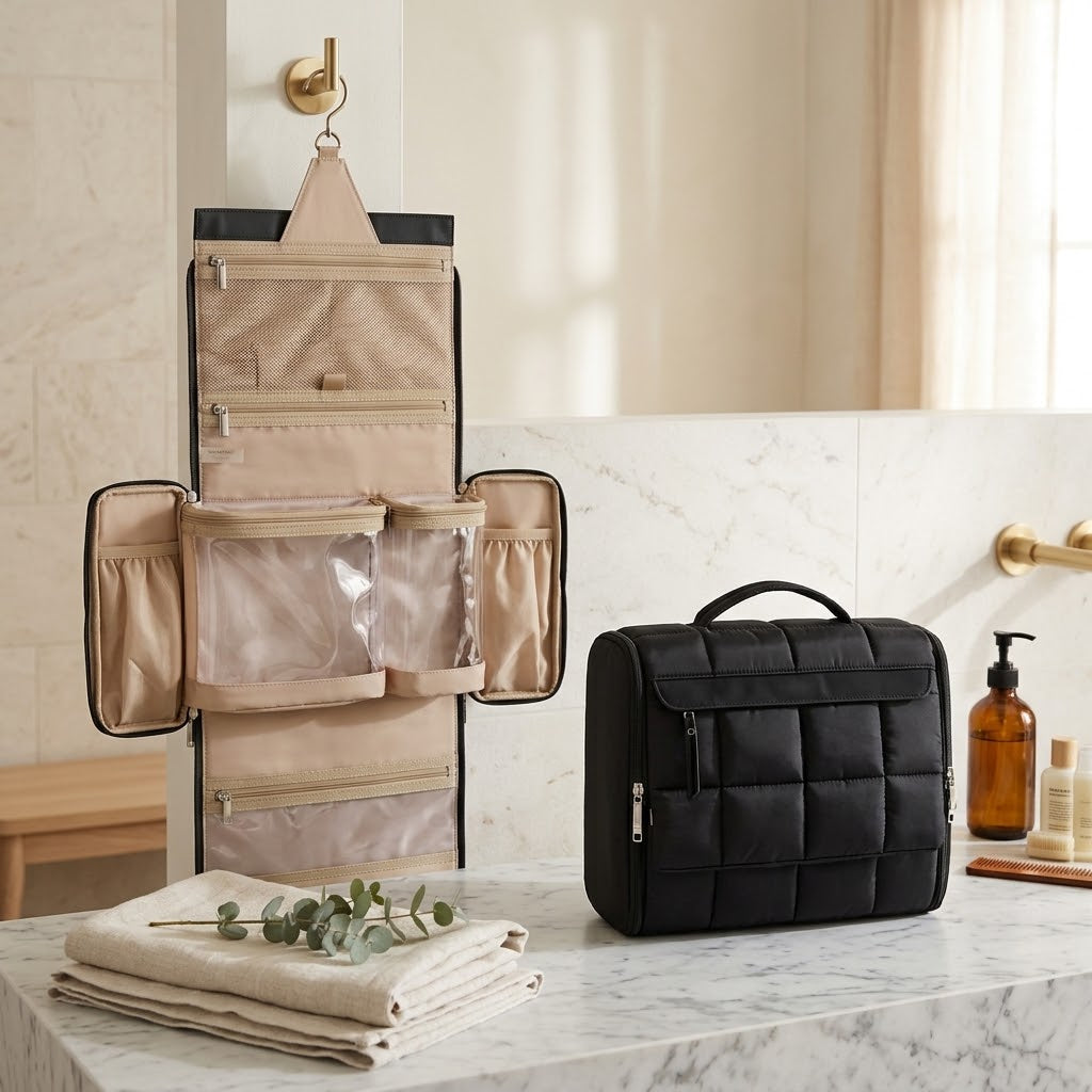 Extra-Large Full-Open Puffy Toiletry Bag with Handle, Black