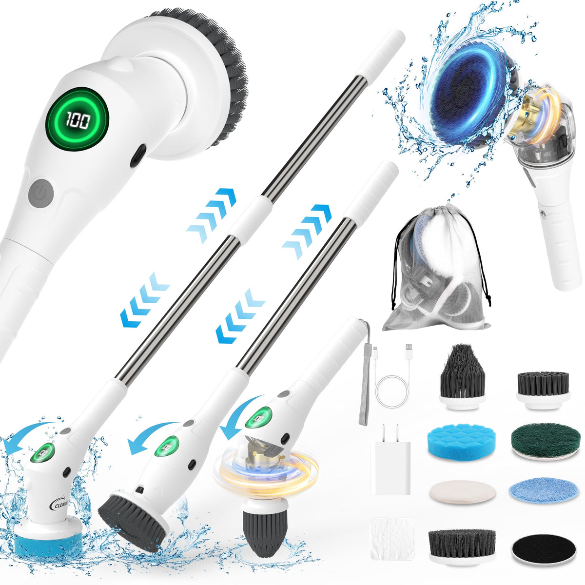Cordless Electric Spin Scrubber with 9 Heads, 3 Speeds and LED Display