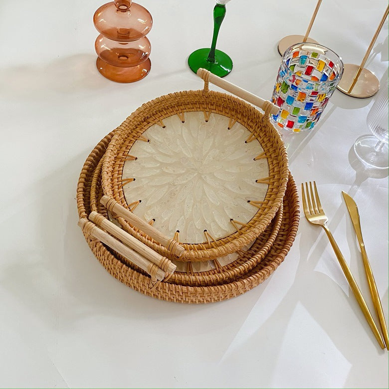 Woven Rattan Snack Basket with Wooden Handle, Small to Large